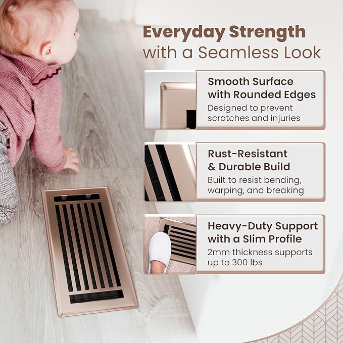 Floor Register 4x10 Vent Cover – Heavy-Duty Steel, Rustproof & Walkable Grates, Easy Drop-in Install, Adjustable Air Supply Switch - Decorative Straight Line Design, Satin Bronze