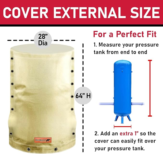 Redford Supply Co. Cold Snap (5°F) Round Pressure Tank Cover Insulation, 3-Way Round, 28"Diameter x 64"H, Water Well Tank Covers Insulated, Well Pump Cover Insulated Freeze Proof for Winter (Beige)