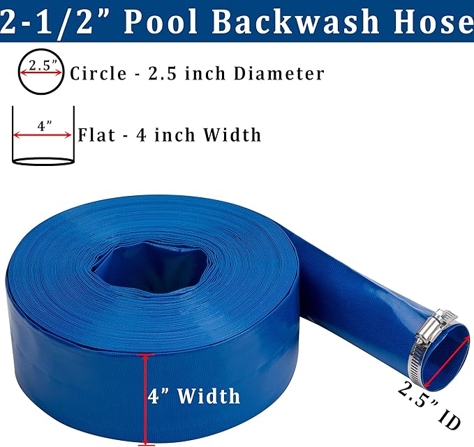 2-1/2 in x 25 ft Pool Backwash Hose Heavy Duty Drain Discharge Double PVC Lay flat General Purpose Vinyl Hose, Burst Resistant for Water Transfer Sump Pump Pool Filter (2.5in 25ft fiber reinforced)
