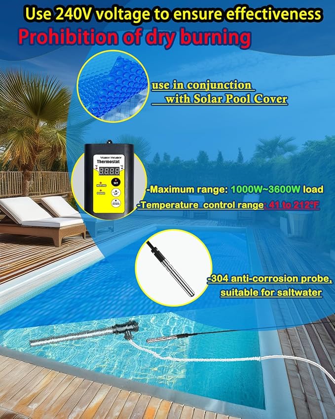 240V | 3000W Portable Above Ground Pool Heater - Immersion Water Heater for Bathtub - Inground Pool Warmer with Thermostat for Inflatable Hot Tubs Heaters, Submersible Pool Heater