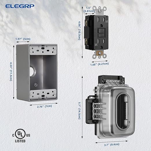 ELEGRP Outdoor GFCI Outlet with in Use Cover and Box Kit, 1 Gang, 15 Amp TRWR Self-Test GFI Receptacle, Extra Duty Metallic Electrical Outlet Box, Lockable in Use Cover, UL Listed, Black, 2 Pack