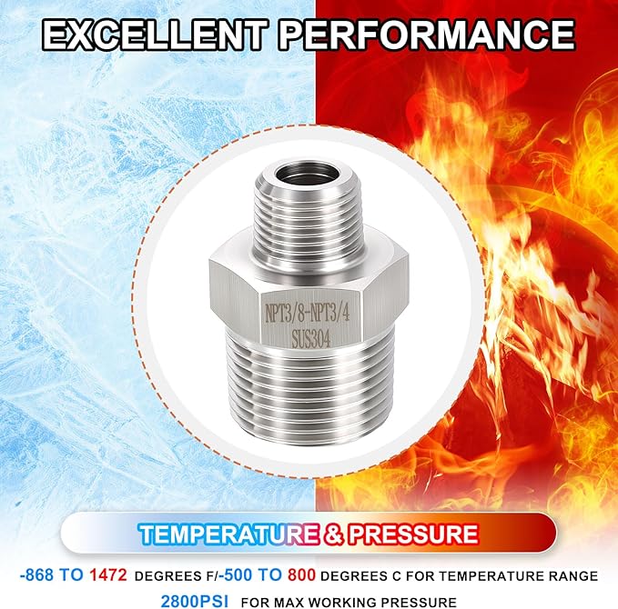 1 Pack 304 Stainless Steel Male to Male Adapter, 3/4" Male NPT x 3/8" Male NPT Hex Nipple Pipe Extension Fitting for Industrial, Automotive, Fluid Transfer, Home Gardening, Water