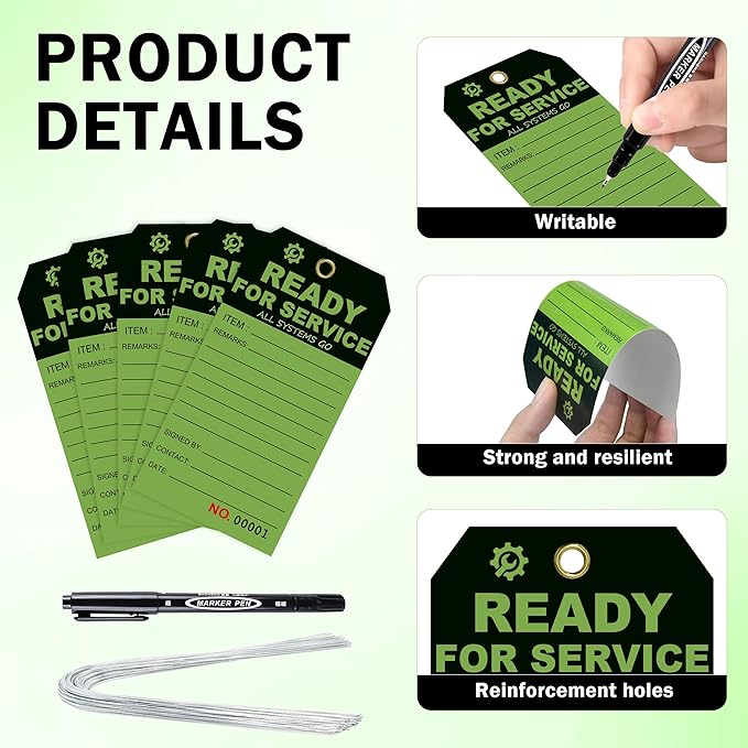 100 Pcs Ready for Service Tags 3 x 5.75 Inch with Serial Number Service Repair Green Tag with 10 Inch Wire Status Notice Tags Equipment Tag Designed for Factories (100)