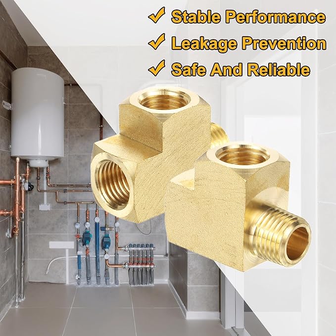PATIKIL Brass Tee Fitting, 2Pcs 1/4" x 1/4" NPT Female x 1/4" NPT Male Pipe 3 Way Forged Brass Barstock Street Tee Pipe Fittings for Water Gas Refrigeration