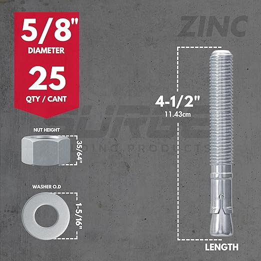 5/8 x 4-1/2" Zinc-Plated Wedge Anchors for Concrete and Cement | Heavy-Duty 5/8 Concrete Anchors (Box of 25)