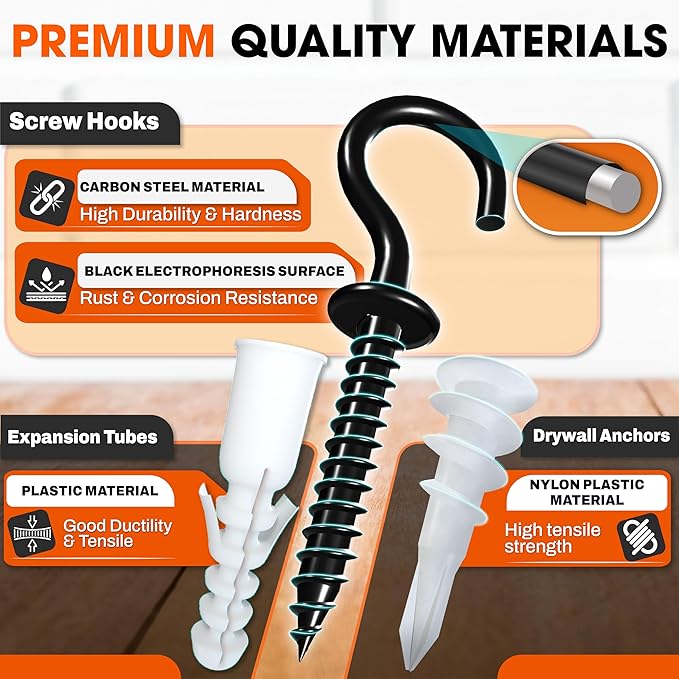 [Upgraded] 10 PCS Screw Hooks with Self-Drilling Drywall Anchors, Plastic Expansion Tubes Included, Heavy Duty Eye Hook, Screw in Hook for Hanging Plants, String Lights, Cup, Key