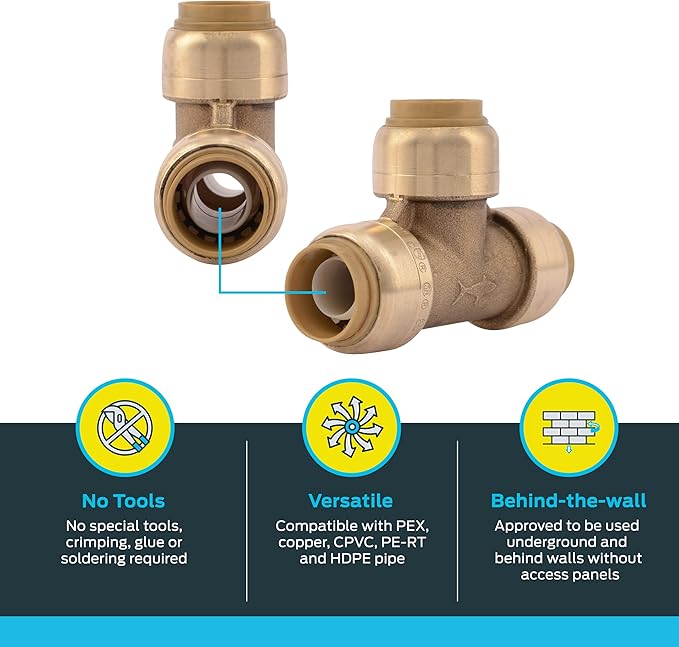 SharkBite 1/2 Inch Tee, Push to Connect Brass Plumbing Fitting, PEX Pipe, Copper, CPVC, PE-RT, HDPE, U362LFA