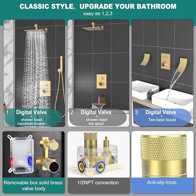 Shower Mixing Valve with Brushed Gold Trim Kit, 2 Way Shower Diverter Digital Brass Valve Body Temperature Display Mixer for Shower Faucets
