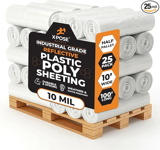 Xpose Safety Clear Plastic Sheeting (Bulk Half Pallet 25 Pack) – 10' x 100' Rolls – Heavy Duty 10 Mil Poly Sheet – Waterproof, Dustproof, Vapor Barrier – for Construction, Painting, Industrial Use