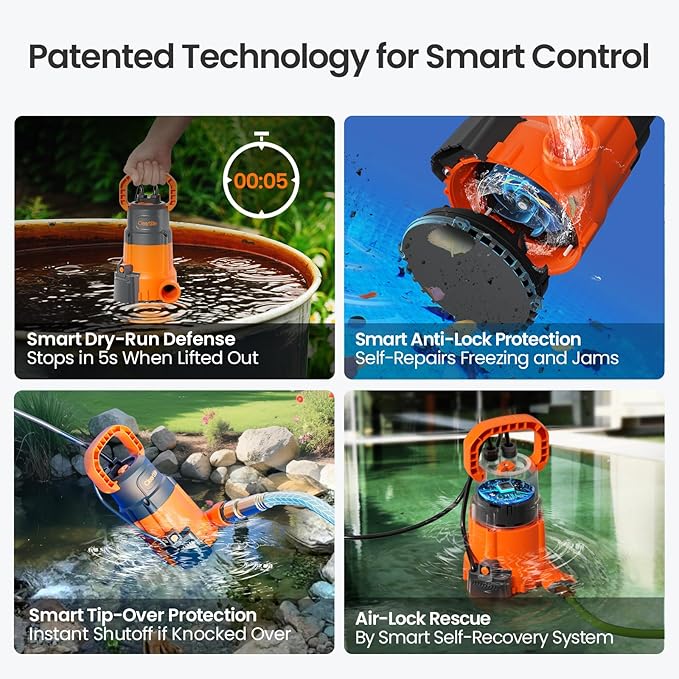 Cleartide Submersible Sump Pump with Smart Water Sensor, 1/3 HP 2790GPH High-Capacity Utility Pump, Auto and Manual Mode Handles 3/8" Solids, for Pool, Basement, Garden Drainage