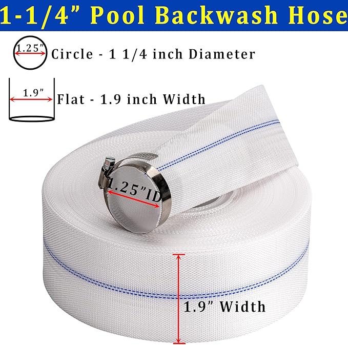 Pool Backwash Hose 1-1/4” × 100 ft Fiber Reinforced Discharge Hose General Purpose Flexible Lightweight Lay Flat Pump Drain Pipe Hose for Water Transfer (1.25in-100ft, Anti-abrasion)