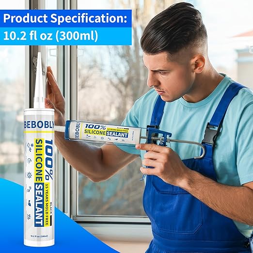 Black Silicone Caulk & Sealant, 100% Waterproof Silicone Caulking, Silicone Sealant Caulking for Kitchen, Bathroom, RV, Interior & Exterior Use, Shrink & Crack Proof, 10.2 FL. OZ/300ML, 12 Pack