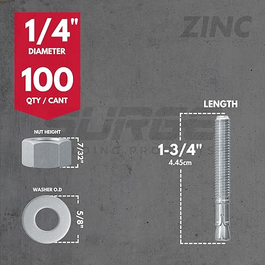 1/4" x 1-3/4" Zinc-Plated Wedge Anchors for Concrete and Cement | Heavy-Duty 1/4 Concrete Anchors (Box of 100)