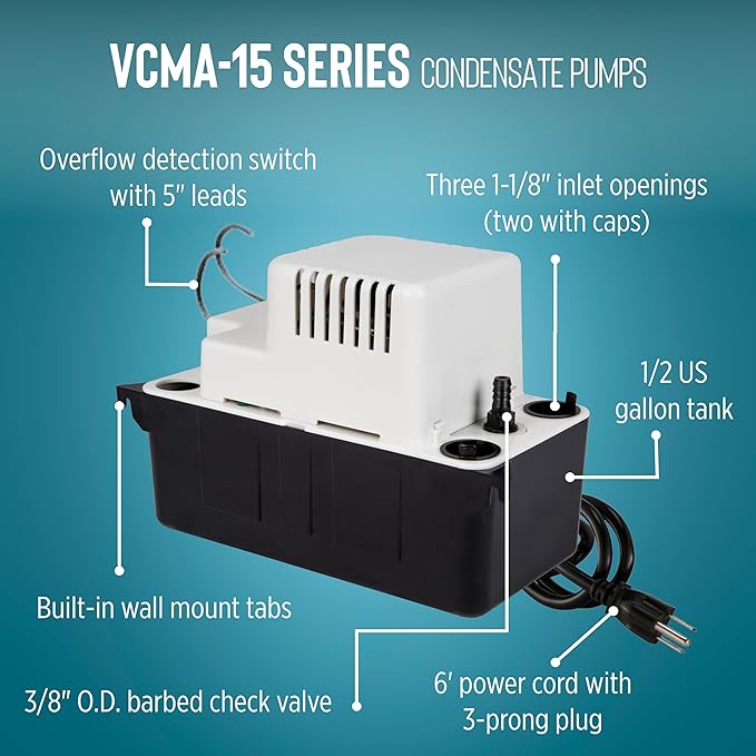 Little Giant VCMA-15ULST 115 Volt, 65 GPH, 1/50 HP Automatic Condensate Removal Pump for HVAC/Refrigeration Systems/Dehumidifiers with Overflow Detection Switch and 20-Foot Tubing, Black/White, 554415