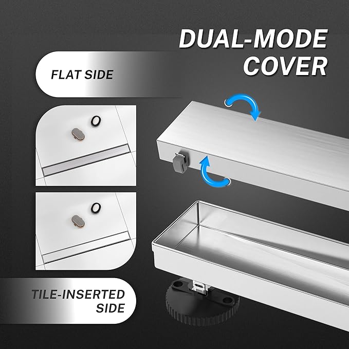 Linear Shower Drain. 24 Inch Shower Trench Drain with 2-in-1 Flat Cover & Inser Cover,304 Stainless Rectangle Steel Shower Floor Drain with Hair Strainer and Leveling Feet (Brushed Nickel, 24 in)