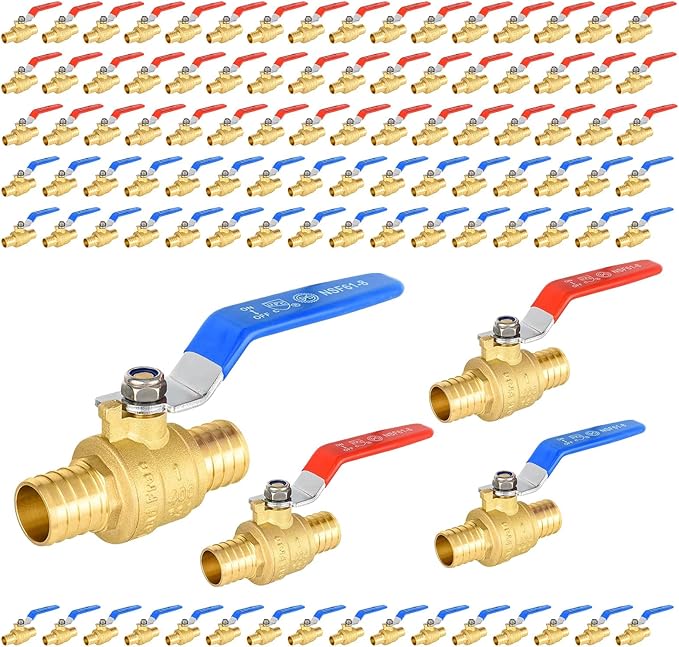 100-Pack Foskan 1" PEX Crimp Ball Valve, Brass Quarter Turn Full Port Shut-off Valve for PEX Tubing(Blue and Red)
