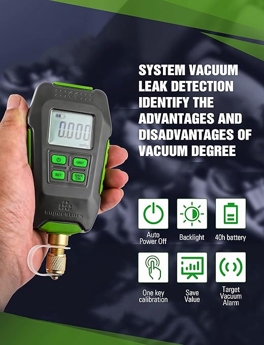 Digital Micron Vacuum Gauge 1/4" SAE, Digital Pressure Tester Meter HVAC, Alarm Notice, Temp Compensation, LCD Display, 4 Units