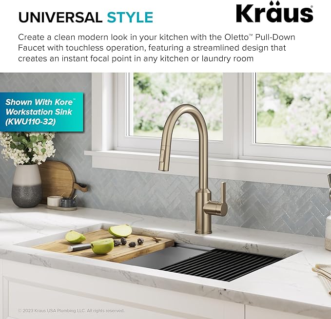 KRAUS Oletto Touchless Sensor Pull-Down Single Handle Kitchen Faucet in Spot-Free Antique Champagne Bronze, KSF-2830SFACB