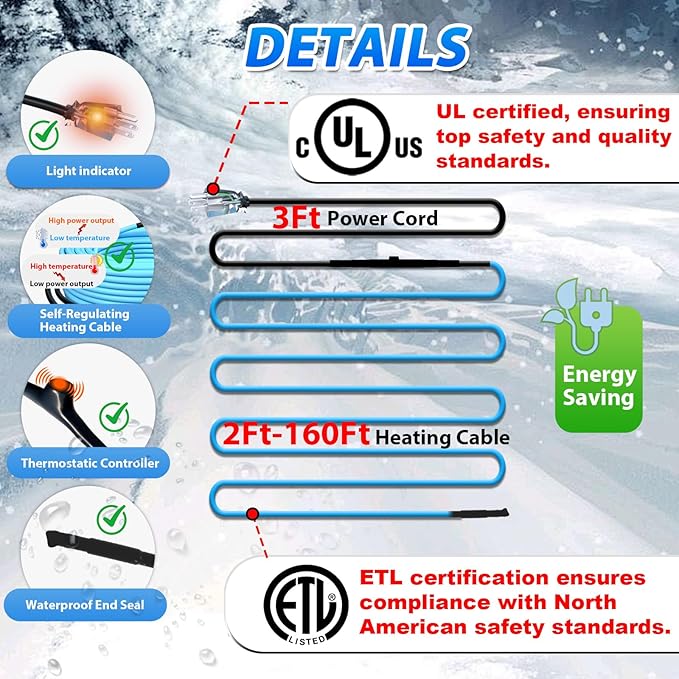 HEATIT 5JHSF 30Ft Pipe Heating Cable for Metal, Plastic Home Pipes and RV, Self Regualting Heated Tape for Water Pipes, ETL Listed, 120V