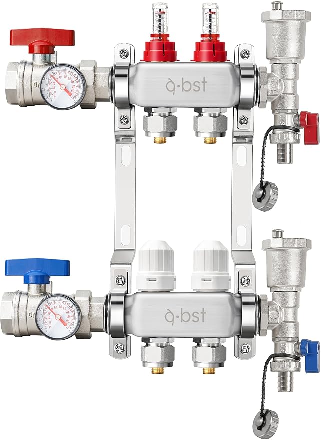 ABST PEX Manifold,2 Loop Stainless Steel Floor Radiant Heat Manifold Kit with 1/2" Adapters Included for Hydronic Radiant Floor Heating