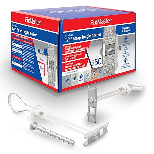 1/4" Heavy Duty Master Toggle Bolt Strap Anchors (50 Pack) w/ 50 Steel Threaded Studs, 3/8" to 3-5/8" Grip Range, for 1/4"-20 Fastener Size - 240lb in 3/8-1/2" & 300lb in 5/8" Drywall Holding Strength