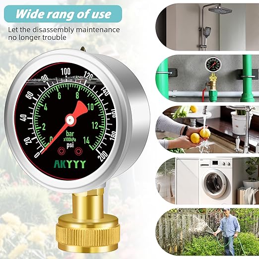 Liquid-Filled Water Pressure Gauge 0-200 PSI/Bar with 5-Piece Kit - Industrial Grade, Tool-Free Installation for Water Heaters, Pool Pumps, RV Plumbing & Irrigation Systems