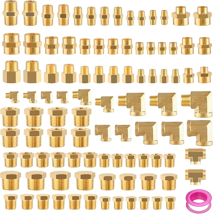 98PCS Brass Pipe Fittings Assortment Kit NPT Adapter,Reducer Bushing, Hex Nipple, Reducing Hex Coupling,Hex Head Plugs,90 Degree Street Elbow,Street Tee Fittings Kits