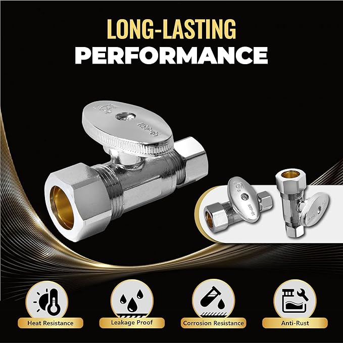 2-Pack Foskan 1/4 Turn Compression Straight Shut off Valve,Straight Stop Valve 1/2" NOM (5/8" OD) x 3/8" OD,Chrome Plated Brass