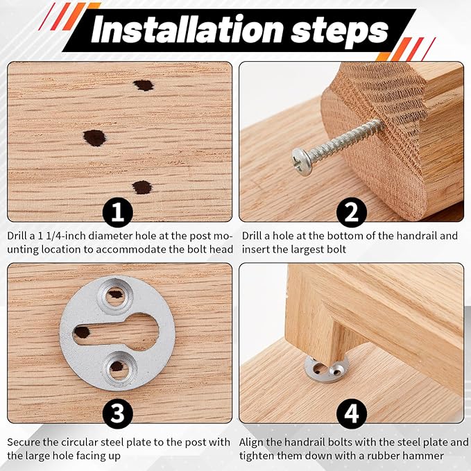 Shimeyao 4 Sets Newel Post Fastener, Newel Post Mounting Kit, Column Handrail to Pole Fastener, 1 1/4 Inch Diameter x 1/8 Inch Thickness Hardened Steel Plate with 1 Round Steel Plate 3 Long Screws