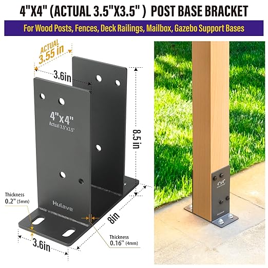 Hulave 4 Pack Stainless Steel 4 x 4 (Actual: 3.5" x 3.5") Post Base, Suitable for Terrace Railing, Fence, Mailbox, Gazebo, Porch, etc Concrete Support Anchor Base Post Anchor Bracket (Dark Gray)