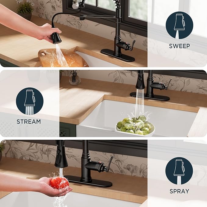 FORIOUS Rustic Kitchen Faucet with Pull Down Sprayer Oil Rubbed Bronze, 3 Modes Stainless Steel High Arc Vintage Spring Sink Faucet 1 or 3 Holes for Pot Filler, Farmhouse Camper Wet Bar