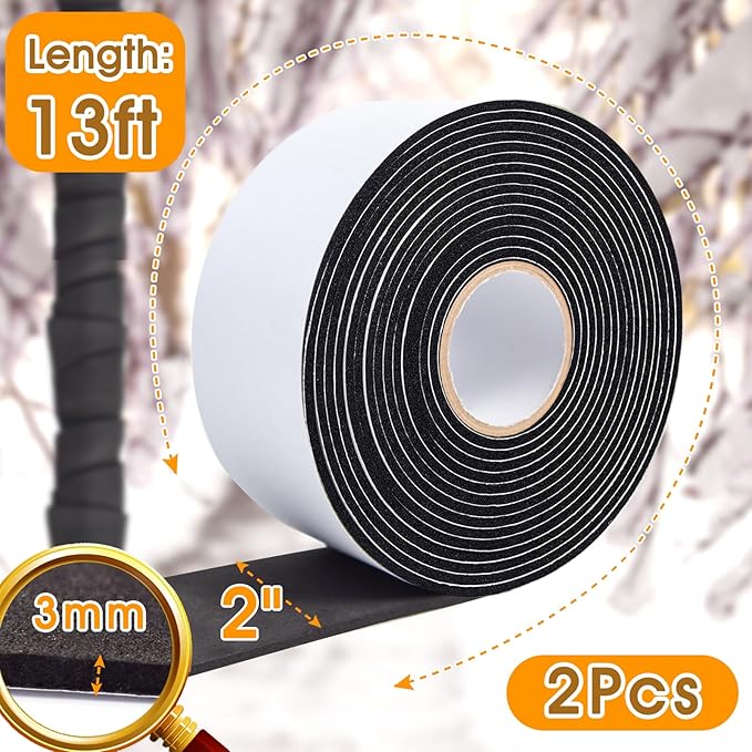 2 Inch * 13Ft Pipe Insulation Tape - 2Packs, Weather Resistant Water Wrap Tape, Outdoor Water Pipe Insulation Wrap, Foam Pipe Wrap Insulation for Water Pipes (Black)