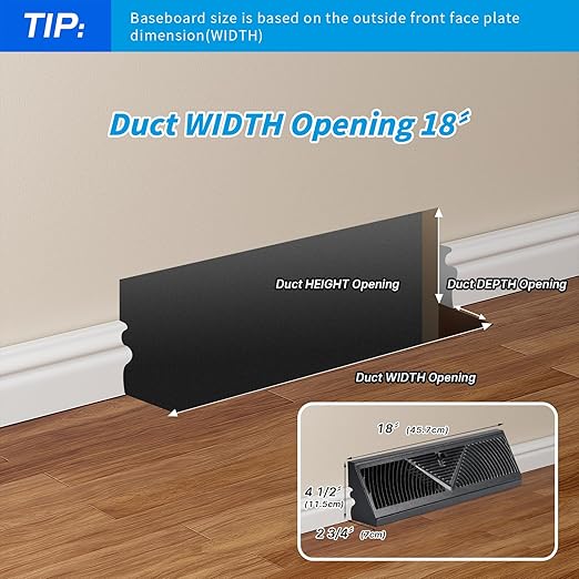 2 Pcs Baseboard Register Vent 18 Inch Duct Opening Size Baseboard Vent Covers Diffuser Adjustable Corner Return Air Grille for Home Floor Wall Air Flow Control (2, Black, 18 Inch)