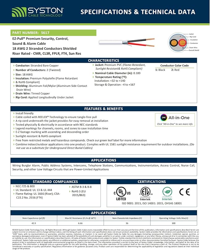 SYSTON 18/2 Fire Security Burglar Station Sound Alarm Control Cable Wire, Riser-Rated CMR/CL3R Shielded 100% Copper Stranded UL/ETL,UV Resistant RoHS for Indoor/Outdoor Low Voltage Applications Use