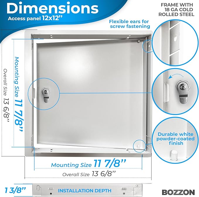 BOZZON Access Panel for Drywall 12 x 12 inch – Metal Door with Key Lock, 18 GA Steel Frame, Wall Hole Cover, Plumbing Access Door, White