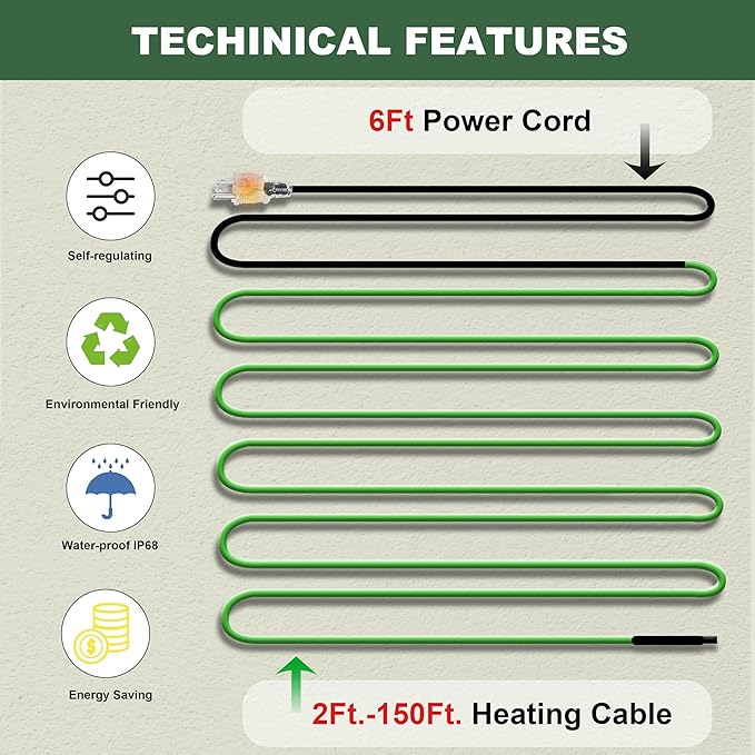 MAXKOSKO 50 Feet Pipe Heat Cable for Water Pipe Freeze Protection, Self-Regulating Heat Tape for Metal And Plastic Home Pipes, Anti-Freeze Pipe Heating Trace System 120 V