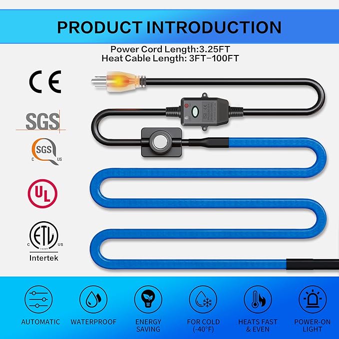 Heat Tape for Water Pipes with Thermostat & GFCI, Energy-Saving Pipe Heating Cable, Prevents Freezing, Works at -22℉, 30FT Blue, UL ETL Listed 120V