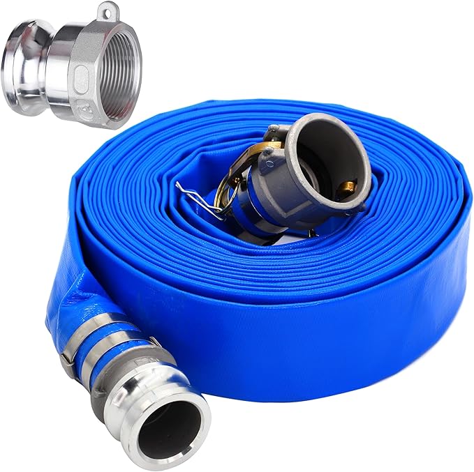 3" ID x 50 ft PVC Lay Flat Discharge Hose with Aluminum Camlock C and E Fittings, Cam Lock Fitting Type A included, Heavy Duty Reinforced Blue Backwash Pump Hoses for Swimming Drain Pools