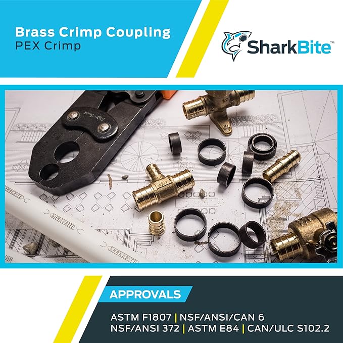 SharkBite 3/8 Inch Crimp Coupling, Brass Plumbing Fitting, PEX Pipe, PE-RT, UC006LFA