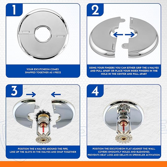 Retrofit Fire Sprinkler Escutcheon Cover Plate 1/2" IPS - Flat 2 Piece Stainless Round Split Flange for Easily Covering Gaps Between Fire Sprinkler Pipe and Ceiling or Wall - 4 PK