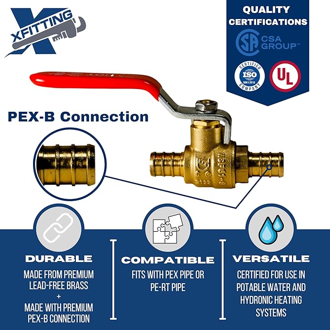 XFITTING 10 Pieces 1/2" Pex Ball Valve with Handle Red, 24-2-1=10X (10)