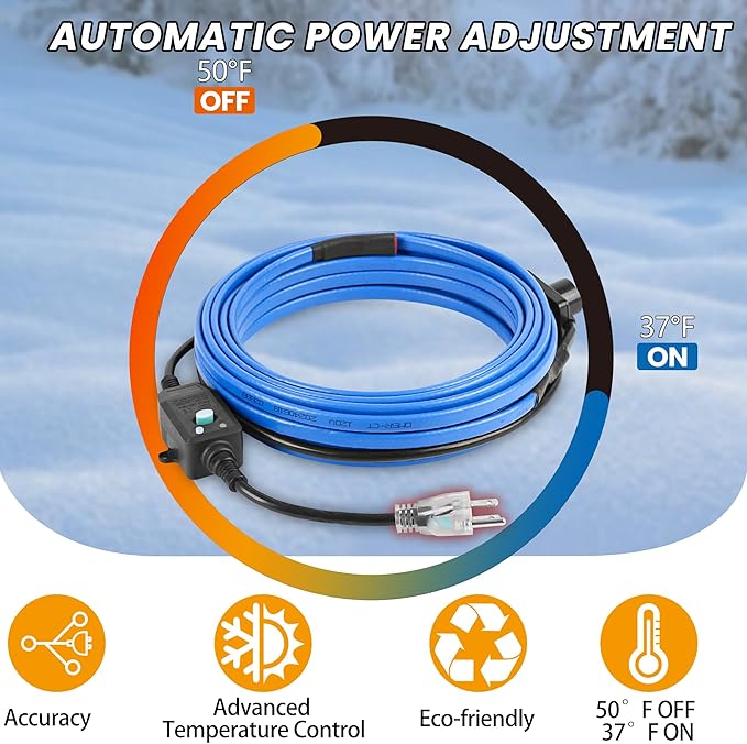 40ft Heat Tape for Water Pipes with Thermostat, for Pipe Freeze Protection, Self-Regulating Heating Cable, Keeps Water Flowing at -40°F, 120V,5W/ft,Pipe Heater for Home,Roof,Outdoor