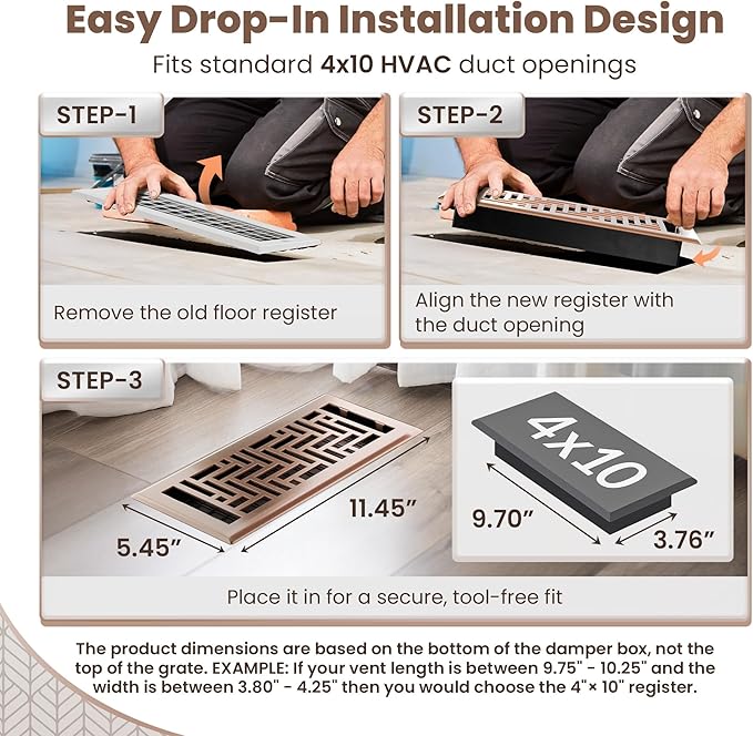 Floor Register 4x10 Vent Cover – 2 Pack – Heavy-Duty Steel, Rustproof & Walkable Grates, Drop-in Install, Adjustable Air Supply Switch - Decorative Herringbone Design, Satin Bronze
