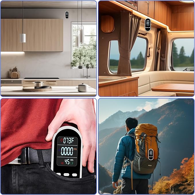 Portable Carbon Monoxide Detector Mini air Quality Monitor with Lanyard Alarm, CO Gas/Humidity Sensor/Indoor/Outdoor Thermometer, Battery Powered LED Screen