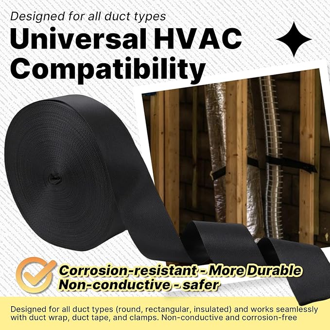 2 Pack Heavy Duty Duct Strap – 1.95 in x 147 ft Black Nylon Strapping for HVAC Duct, Durable Wrap Support Band for Building & Home Improvement