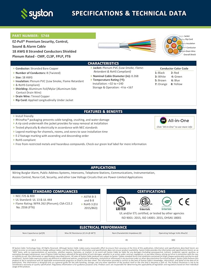 SYSTON 18/8 Fire Security Burglar Station Sound Alarm Control Cable Wire, 18 AWG 8 Conductors Plenum-Rated CMP/CL3P Shielded 100% Copper Stranded, UV Resistant RoHS for Low Voltage Applications Use