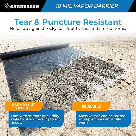 Sandbaggy 20 ft x 100 ft Vapor Barrier 10 Mil | Polyethylene | Black Plastic Sheeting Rolls | Moisture Barrier for Crawl Spaces, Concrete and Laminate Underlayment, Walls (1 Roll)