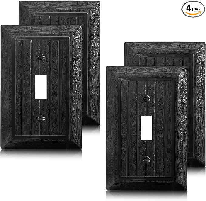 Black Light Switch Cover Plate, Modern Decorative Outlet Covers Wall Plates, Classic Retro Wood Grain Design Style (Mid-Size 1-Gang Single Toggle 4 Pack)