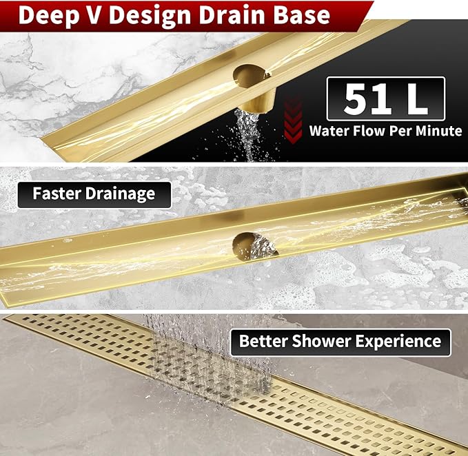 Sharp-tec 28 inch Linear Shower Drain, Gold Rectangular Floor Drain, V-Shape Design Drain Channel, 304 Stainless Steel, cUPC Certificated for Bathroom Shower Room (Drain Base is Not Included)