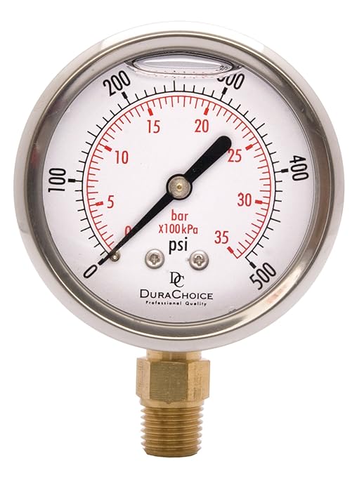 2-1/2" Oil Filled Pressure Gauge - Stainless Steel Case, Brass, 1/4" NPT, Lower Mount Connection, 0-500PSI